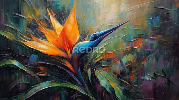 Papier peint  Oil Painting Still Life Amorphophallus Titanum Plant and Strelitzia Bird of paradise Liquid Paint Art Floral Background