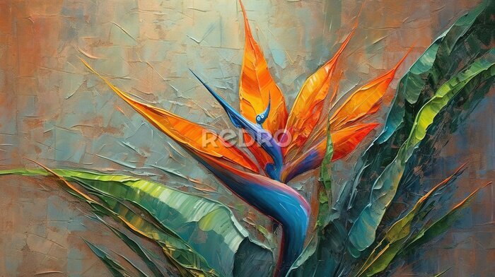 Papier peint  Oil Painting Still Life Amorphophallus Titanum Plant and Strelitzia Bird of paradise Liquid Paint Art Floral Background