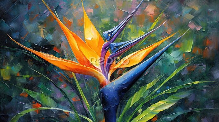 Papier peint  Oil Painting Still Life Amorphophallus Titanum Plant and Strelitzia Bird of paradise Liquid Paint Art Floral Background