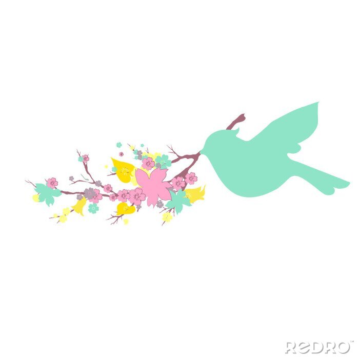 Papier peint  Oiseau avec des fleurs dans son bec
