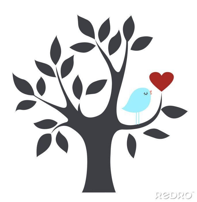 Papier peint  Oiseau bleu et coeur sur l'arbre