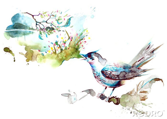 Papier peint  Oiseau coloré version aquarelle