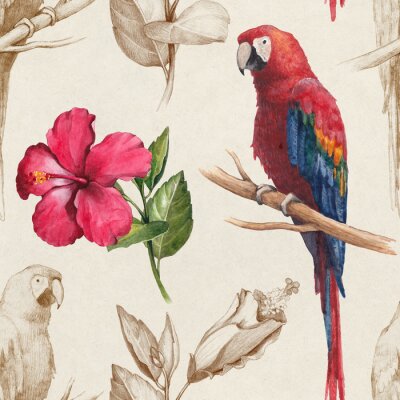 Papier peint  Oiseau et fleur rouge