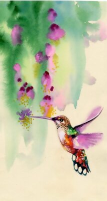 Papier peint  Oiseau près de fleurs version aquarelle