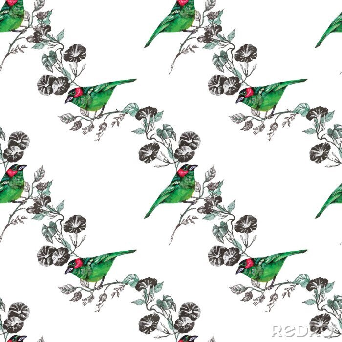 Papier peint  oiseau, tropical, palmier, l'aquarelle, l'ananas, modèle, papier peint, toucan