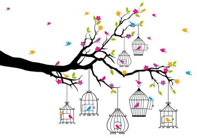 Papier peint  Oiseaux dans des cages sur un arbre