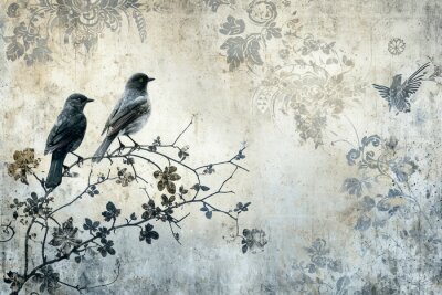 Papier peint  Oiseaux dans les arbres sur un mur vieilli avec des ornements