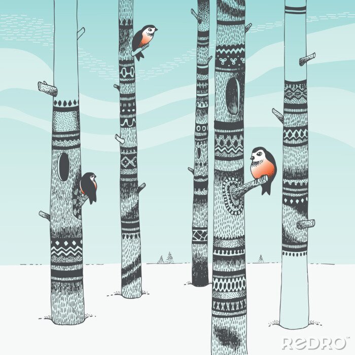 Papier peint  Oiseaux dans un arbre style scandinave