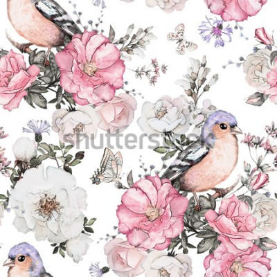 Papier peint  Oiseaux et fleurs dans des tons pastel