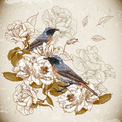 Papier peint  Oiseaux et fleurs dans un style rétro