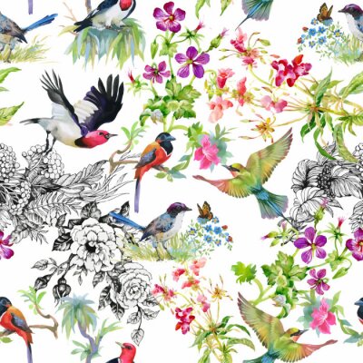 Oiseaux et fleurs de différentes nuances