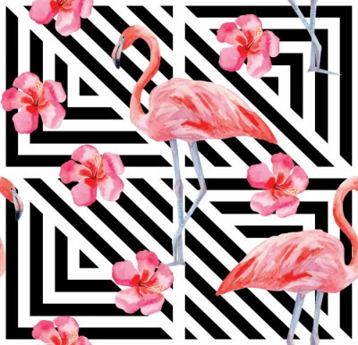 Papier peint à motif  Oiseaux et fleurs sur fond géométrique