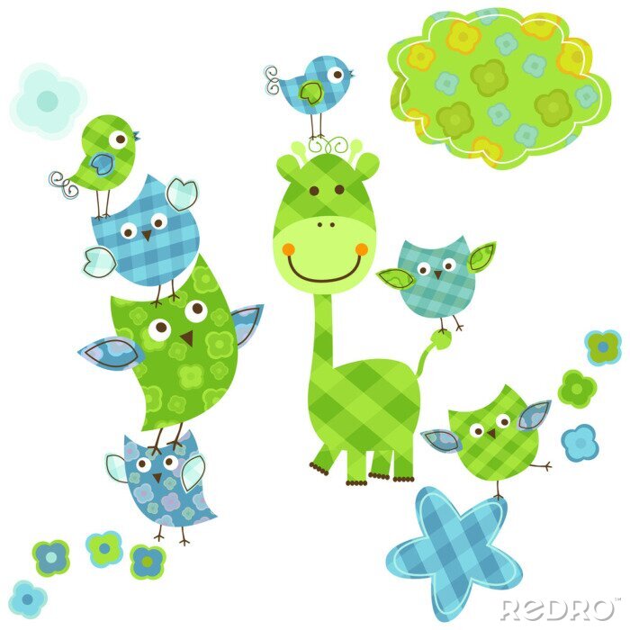 Papier peint  Oiseaux et girafes bleus et verts