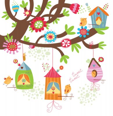 Papier peint  Oiseaux et mangeoires sur un arbre