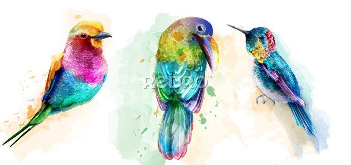 Papier peint  Oiseaux exotiques colorés peints à l'aquarelle