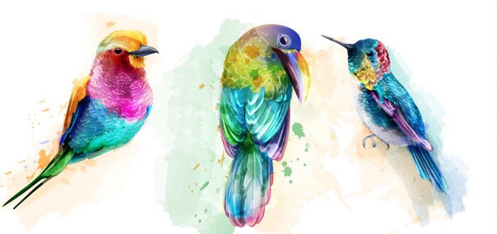 Papier peint  Oiseaux exotiques colorés peints à l'aquarelle