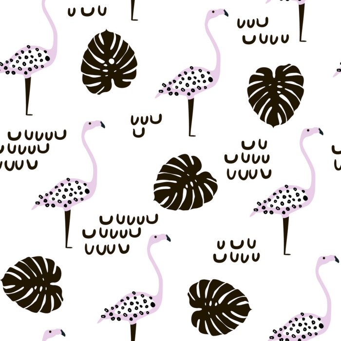 Papier peint  Oiseaux flamants peints et feuilles de monstera