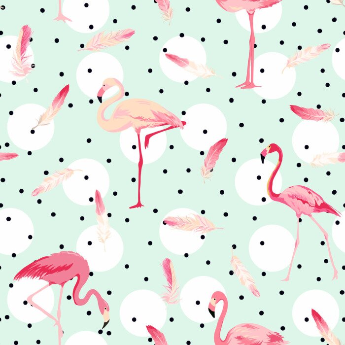 Papier peint  Oiseaux flamants roses à pois