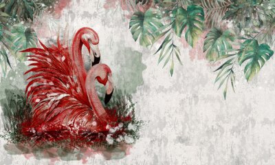 Oiseaux Flamants Rouges et Feuilles de Monstera
