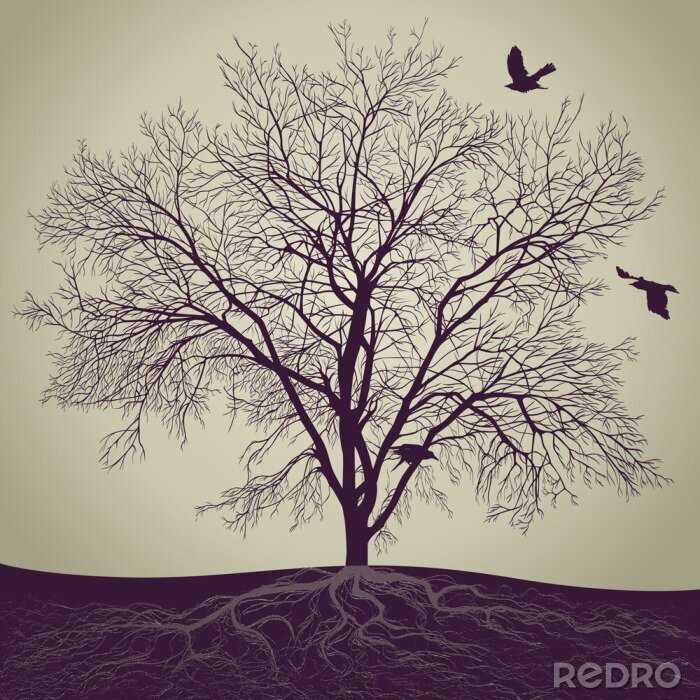 Papier peint  Oiseaux noirs volant en direction d'un arbre