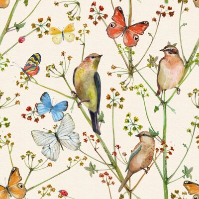 Oiseaux papillons et fleurs