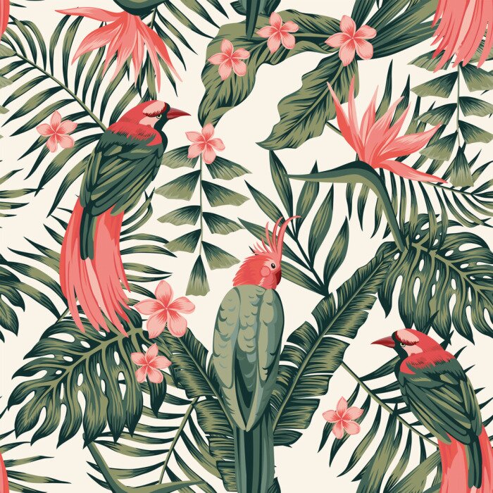 Papier peint  Oiseaux rouge-vert et fleurs tropicales