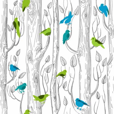 Papier peint  Oiseaux sur des arbres version dessin