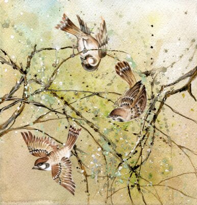 Papier peint  Oiseaux sur les branches version peinture