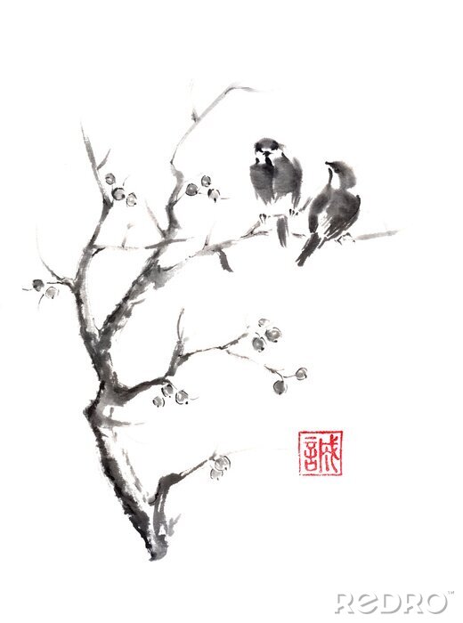 Papier peint  Oiseaux sur un arbre oriental