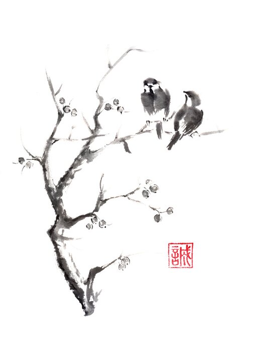 Papier peint  Oiseaux sur un arbre oriental