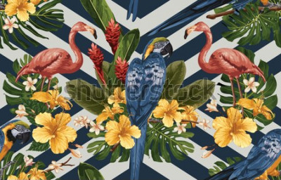 Papier peint  Oiseaux sur un fond de fleurs et de rayures