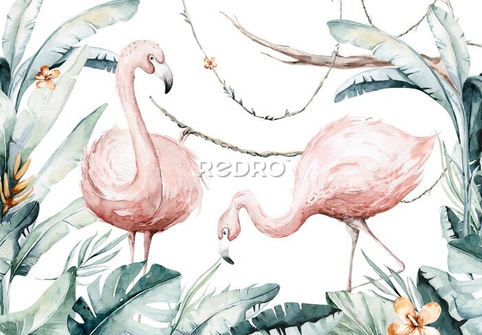 Papier peint  Oiseaux tropicaux flamants au milieu de feuilles version aquarelle