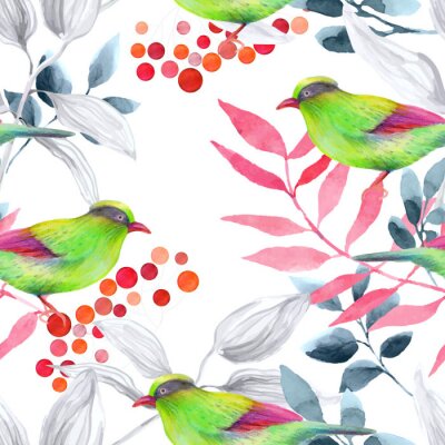 Papier peint  Oiseaux verts sur fond de feuilles rouges