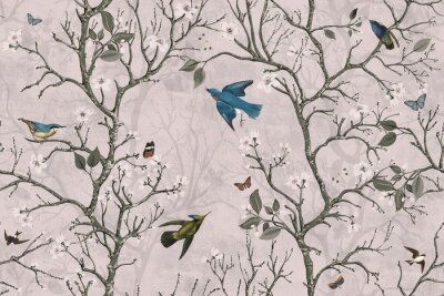 Papier peint  Oiseaux volant au milieu d'arbres et style rétro