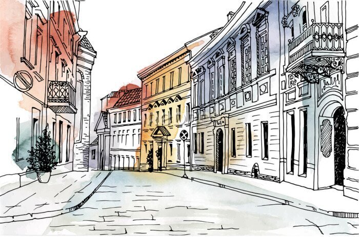 Papier peint  Old city street in hand drawn line sketch style. Urban romantic landscape. Vilnius. Black and white vector illustration on watercolor background