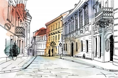 Papier peint  Old city street in hand drawn line sketch style. Urban romantic landscape. Vilnius. Black and white vector illustration on watercolor background