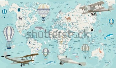 Papier peint  Old geography travel map with regional animals and aircrafts. Vector.