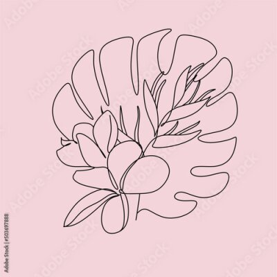 Papier peint  One line drawing set of vector tropical flowers. Botanical poster. Modern single line art, aesthetic outline. Continuous line drawing strelitzia, plumeria, heliconia palm tree and monstera
