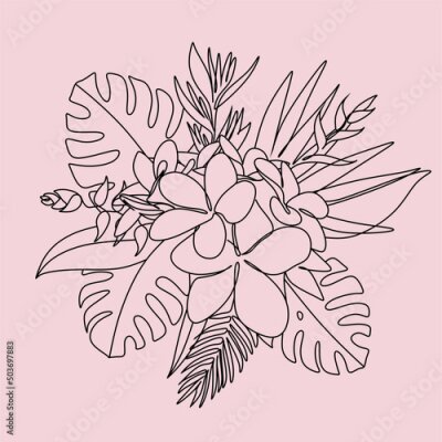 Papier peint  One line drawing set of vector tropical flowers. Botanical poster. Modern single line art, aesthetic outline. Continuous line drawing strelitzia, plumeria, heliconia palm tree and monstera