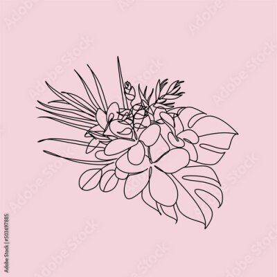 Papier peint  One line drawing set of vector tropical flowers. Botanical poster. Modern single line art, aesthetic outline. Continuous line drawing strelitzia, plumeria, heliconia palm tree and monstera