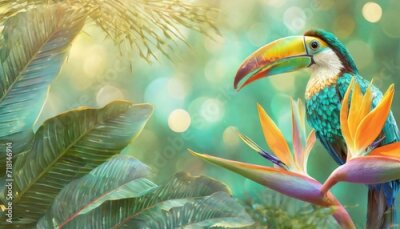 Papier peint  Opalizing pastel tropical jungle background with a toucan bird, strelitzia flower and green leaves. Copyspace, bokeh light. 

