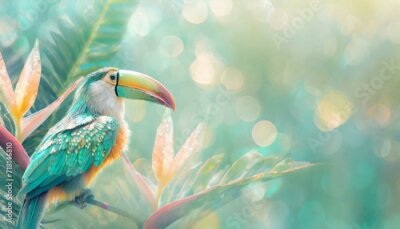 Papier peint  Opalizing pastel tropical jungle background with a toucan bird, strelitzia flower and green leaves. Copyspace, bokeh light. 
