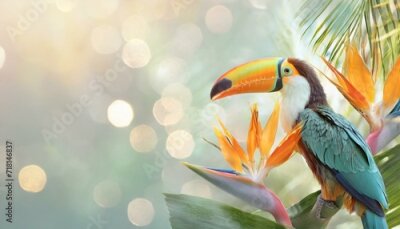 Papier peint  Opalizing pastel tropical jungle background with a toucan bird, strelitzia flower and green leaves. Copyspace, bokeh light. 

