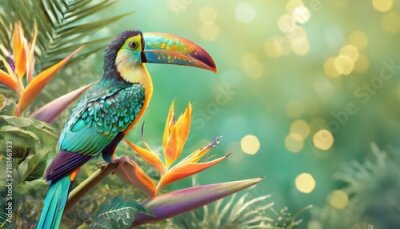 Papier peint  Opalizing pastel tropical jungle background with a toucan bird, strelitzia flower and green leaves. Copyspace, bokeh light. 
