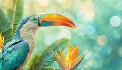 Papier peint  Opalizing pastel tropical jungle background with a toucan bird, strelitzia flower and green leaves. Copyspace, bokeh light. 
