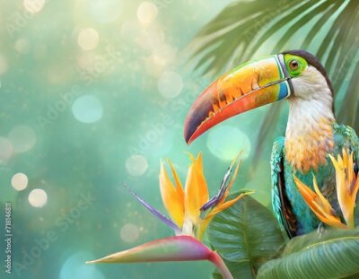Papier peint  Opalizing pastel tropical jungle background with a toucan bird, strelitzia flower and green leaves. Copyspace, bokeh light. 

