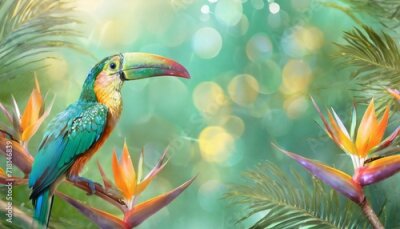 Papier peint  Opalizing pastel tropical jungle background with a toucan bird, strelitzia flower and green leaves. Copyspace, bokeh light. 
