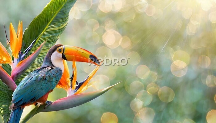 Papier peint  Opalizing pastel tropical jungle background with a toucan bird, strelitzia flower and green leaves. Copyspace, bokeh light. 
