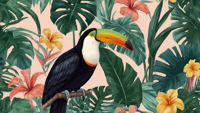 Papier peint  Opalizing pastel tropical jungle background with a toucan bird, strelitzia flower and green leaves. generative.ai