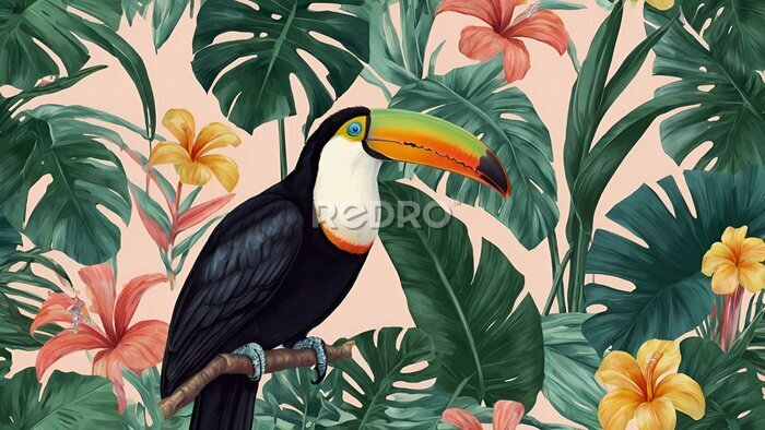 Papier peint  Opalizing pastel tropical jungle background with a toucan bird, strelitzia flower and green leaves. generative.ai